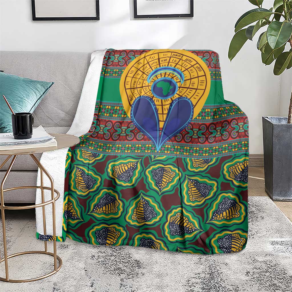 Green African pattern throw blanket with gold circular design and repeating yellow-and-blue motifs