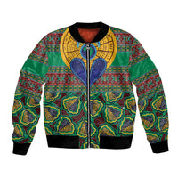 Unisex green multicolor kanga-pattern bomber jacket with full front zipper and ribbed hem