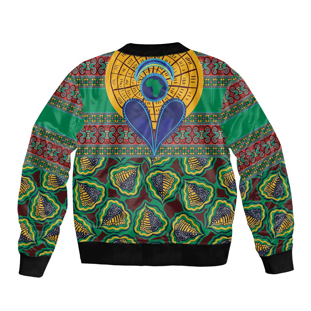 Unisex green multicolor kanga-pattern bomber jacket with ribbed collar, cuffs, and hem