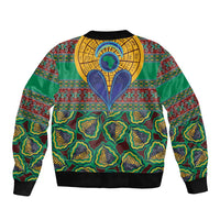 Unisex green multicolor kanga-pattern bomber jacket with ribbed collar, cuffs, and hem