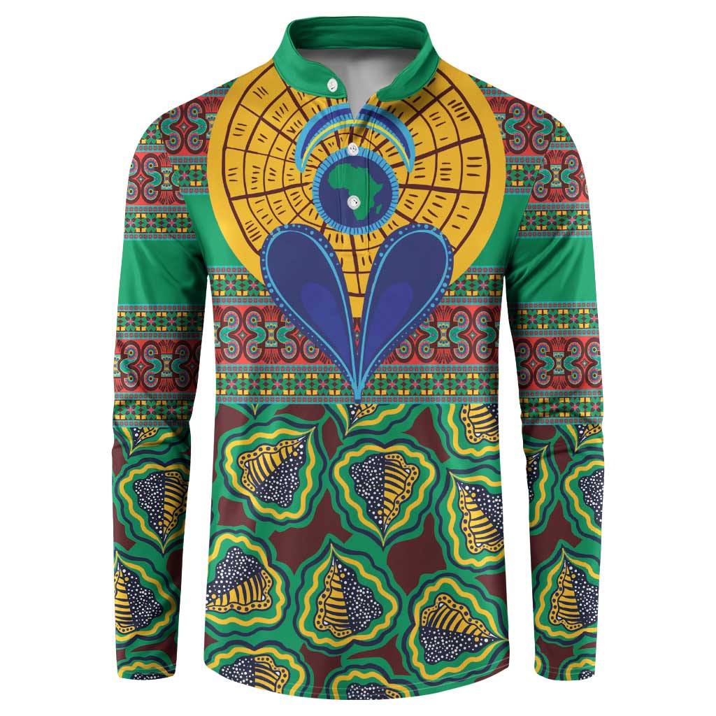 Green button-placket sweatshirt with bold African pattern, yellow sunburst and blue heart motif