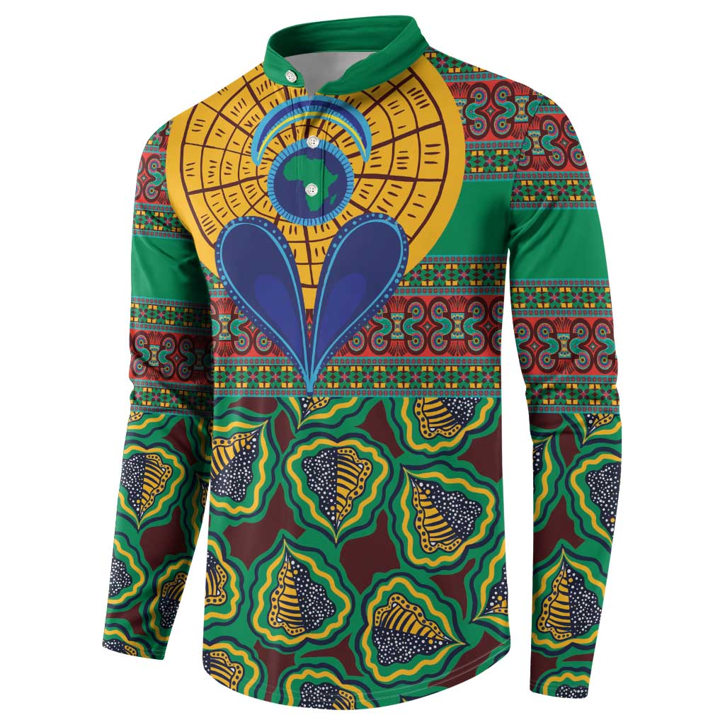 Green button-placket sweatshirt with vivid African print and large blue heart center