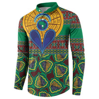Green button-placket sweatshirt with vivid African print and large blue heart center