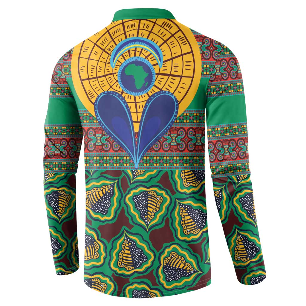 Green back view button-placket sweatshirt with yellow sunburst and blue fan motif