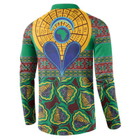 Green back view button-placket sweatshirt with yellow sunburst and blue fan motif