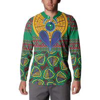 Green button-placket sweatshirt on model with yellow sunburst and blue heart motif