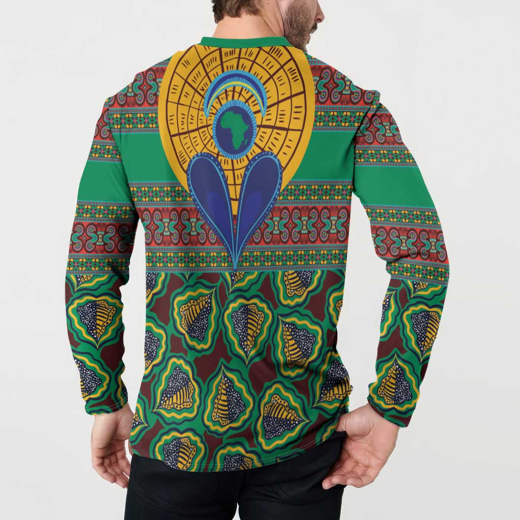 Green African-pattern sweatshirt, back shows yellow circle sunburst and blue heart wings