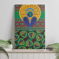 Green kanga-style canvas wall art with yellow sun circle and blue bird-like figure