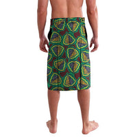 Green African-pattern shorts with repeating tribal motifs and elastic waist