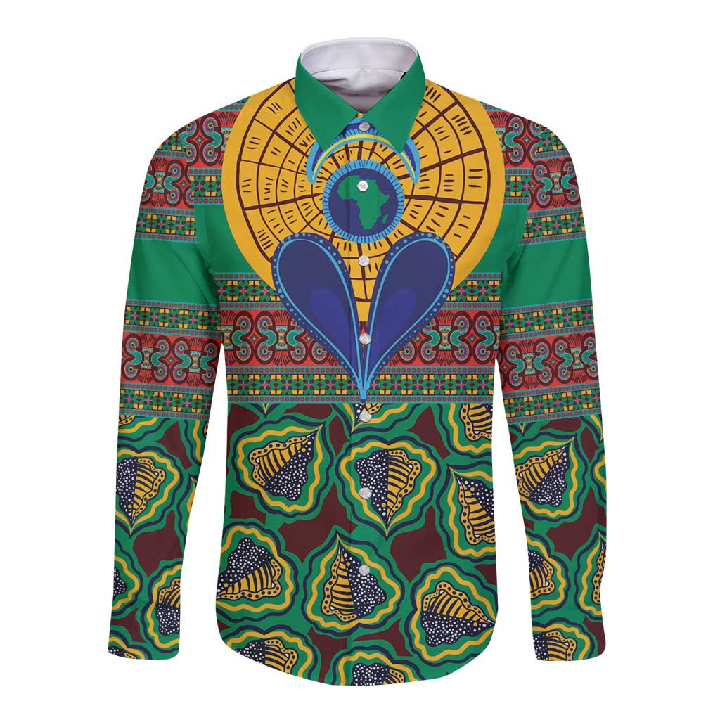 Long-sleeve button shirt with green, yellow, and blue African kanga pattern front