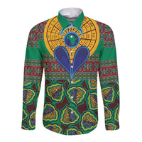 Long-sleeve button shirt with green, yellow, and blue African kanga pattern front