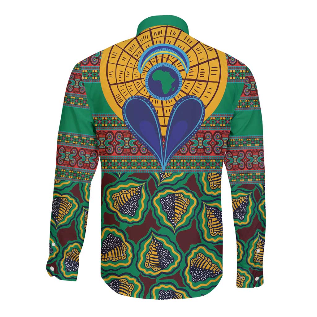Long-sleeve button shirt back with green African kanga pattern and central emblem