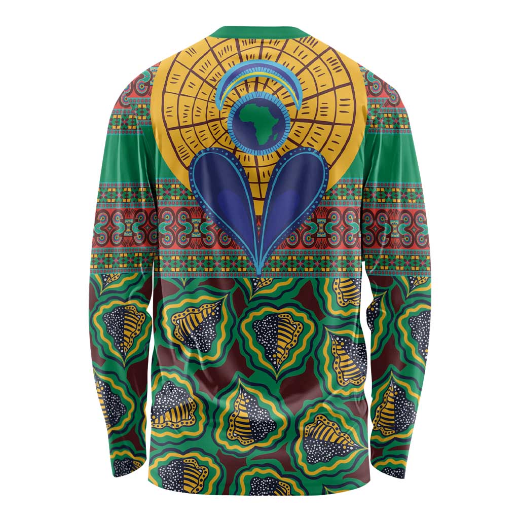 Green long-sleeve shirt featuring kanga-style African border bands and central face graphic