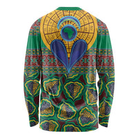 Green long-sleeve shirt featuring kanga-style African border bands and central face graphic