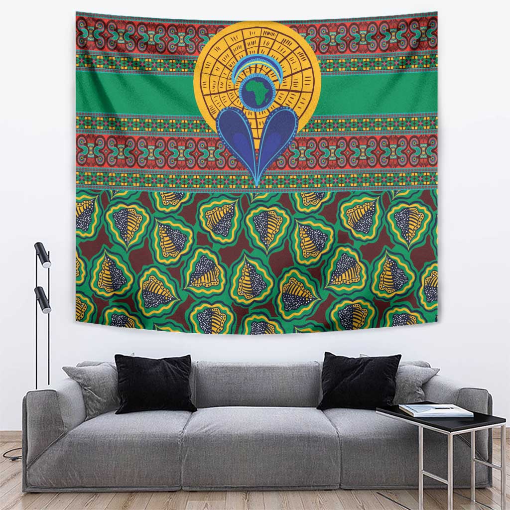 Green kanga-style tapestry with central sun emblem, stylized motif, and patterned border