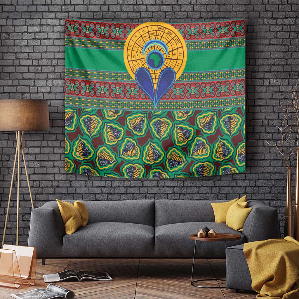 Green kanga tapestry wall hanging with central sun emblem and ornate patterned medallions