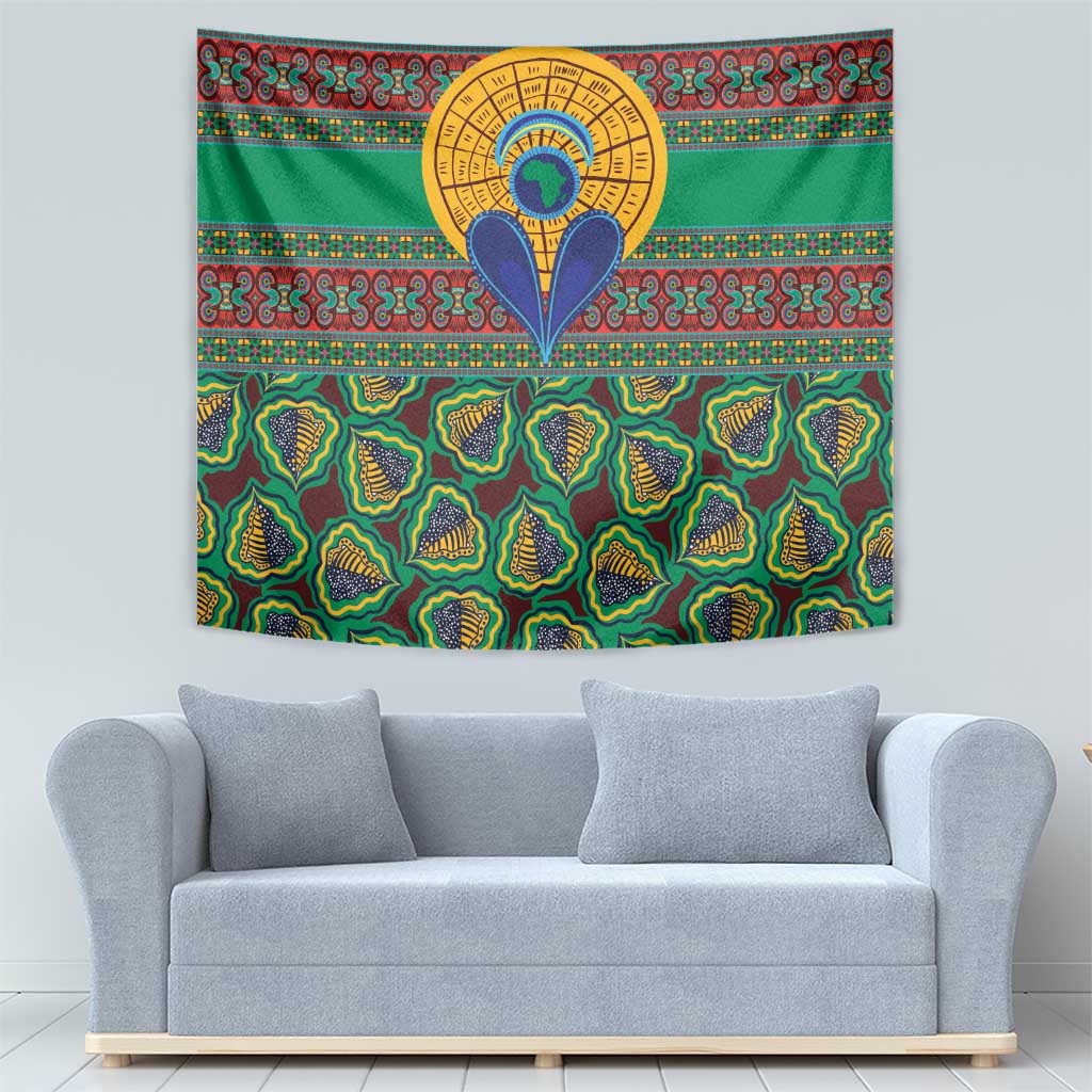 Green African kanga tapestry with central emblem and rows of detailed teardrop motifs