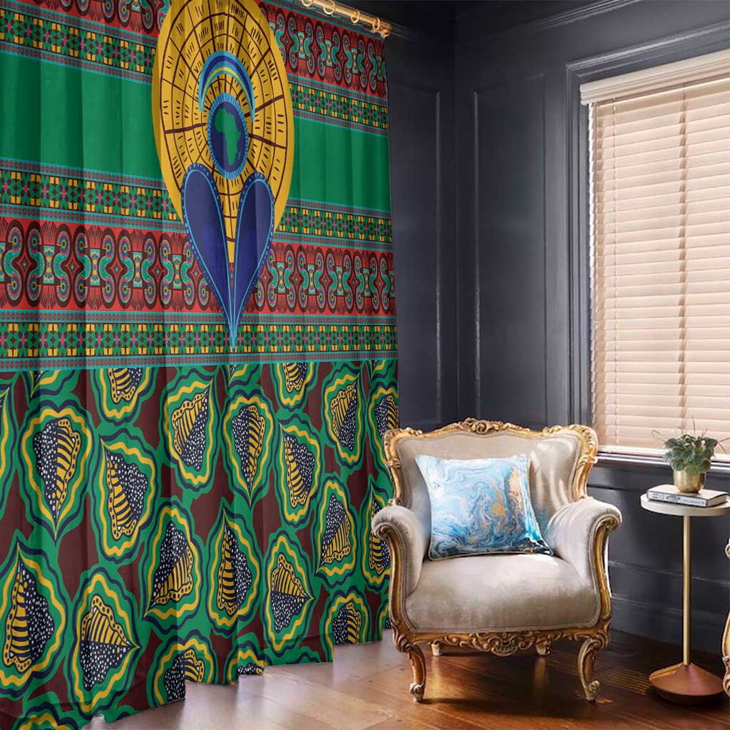 Green kanga-style curtain panels with large blue and yellow oval motif, front view