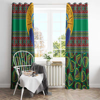 Green kanga-style curtain panels with large yellow oval accents and dark leafy motifs