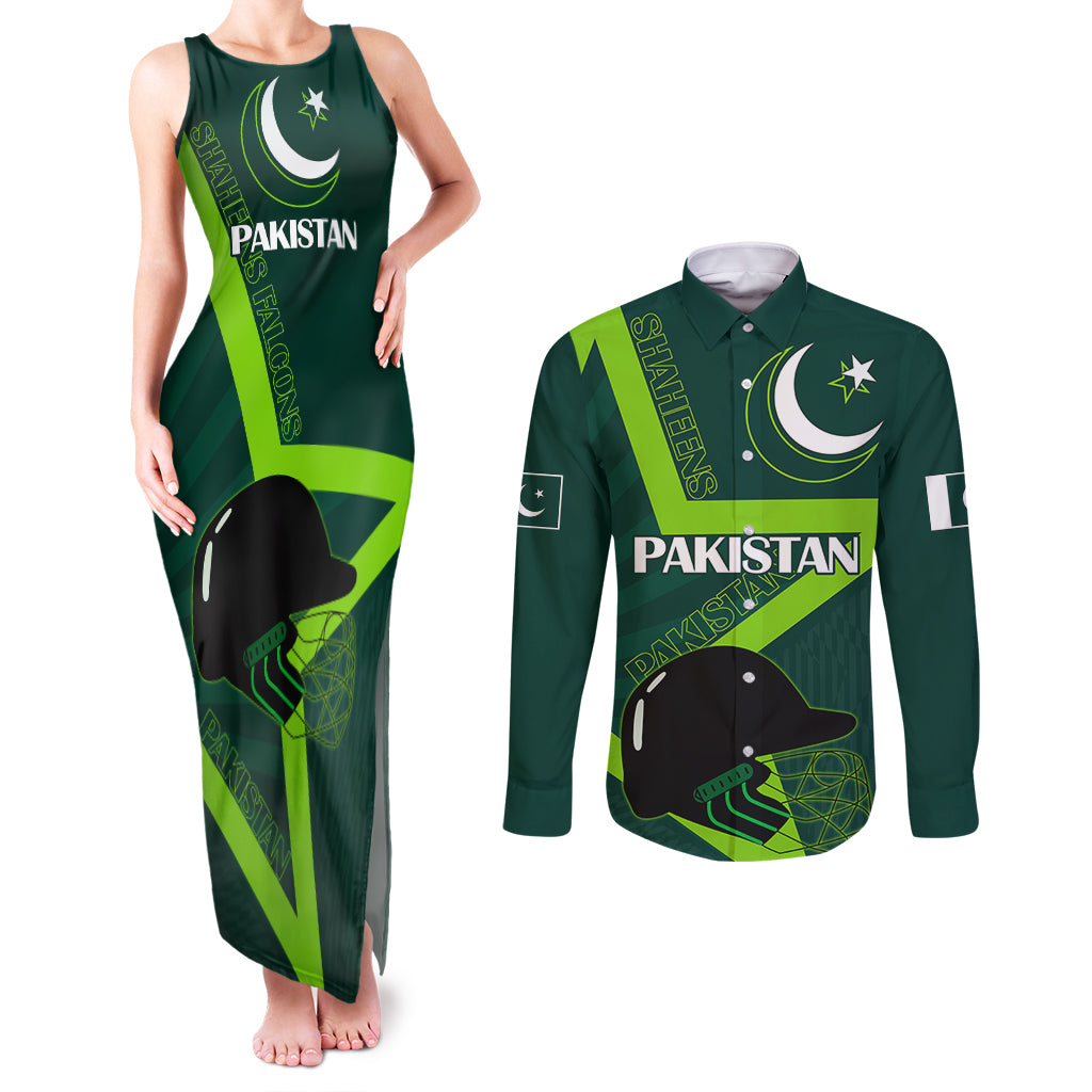 Pakistan Cricket Helmet Couples Matching Tank Maxi Dress and Long Sleeve Button Shirts Proud Shaheen Falcon Star and Crescent LT9 - Wonder Print Shop