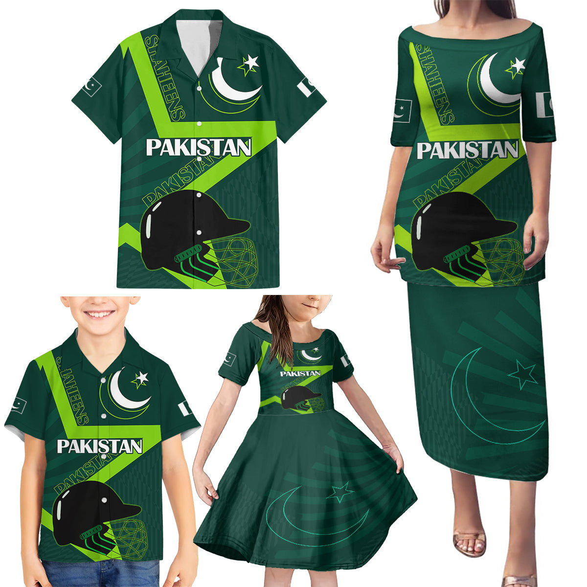 Pakistan Cricket Helmet Family Matching Puletasi Dress and Hawaiian Shirt Proud Shaheen Falcon Star and Crescent - Wonder Print Shop