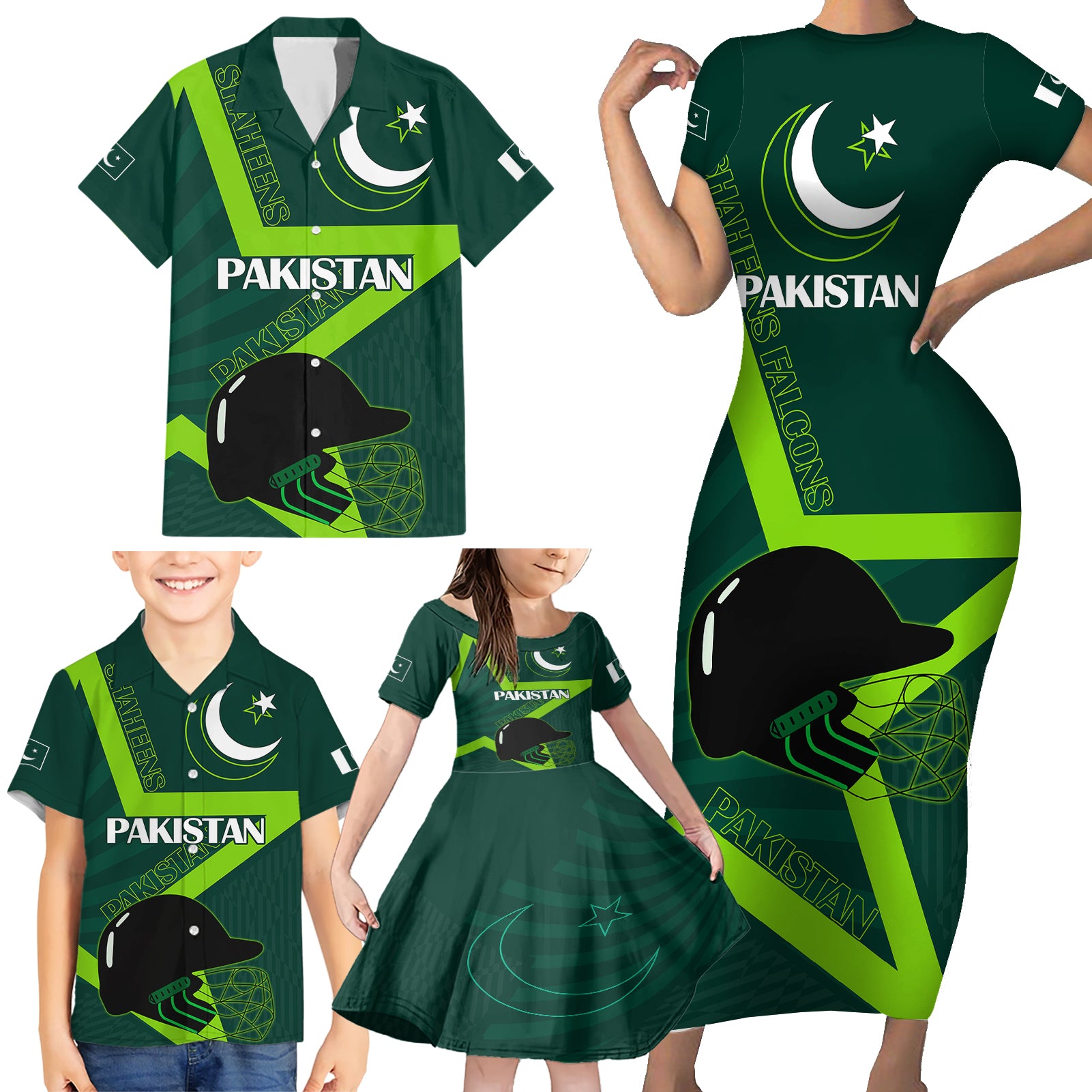 Pakistan Cricket Helmet Family Matching Short Sleeve Bodycon Dress and Hawaiian Shirt Proud Shaheen Falcon Star and Crescent - Wonder Print Shop