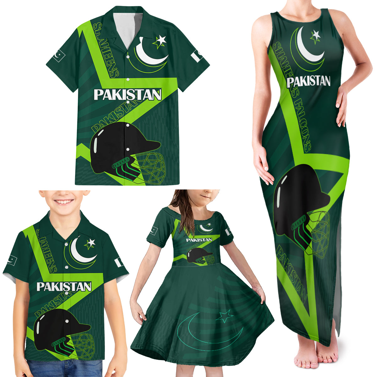 Pakistan Cricket Helmet Family Matching Tank Maxi Dress and Hawaiian Shirt Proud Shaheen Falcon Star and Crescent - Wonder Print Shop