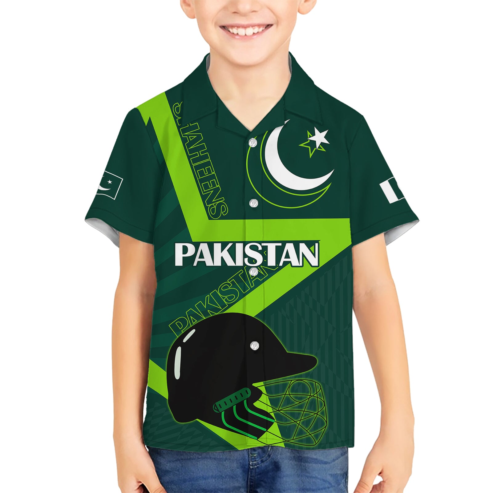 Pakistan Cricket Helmet Kid Hawaiian Shirt Proud Shaheen Falcon Star and Crescent - Wonder Print Shop