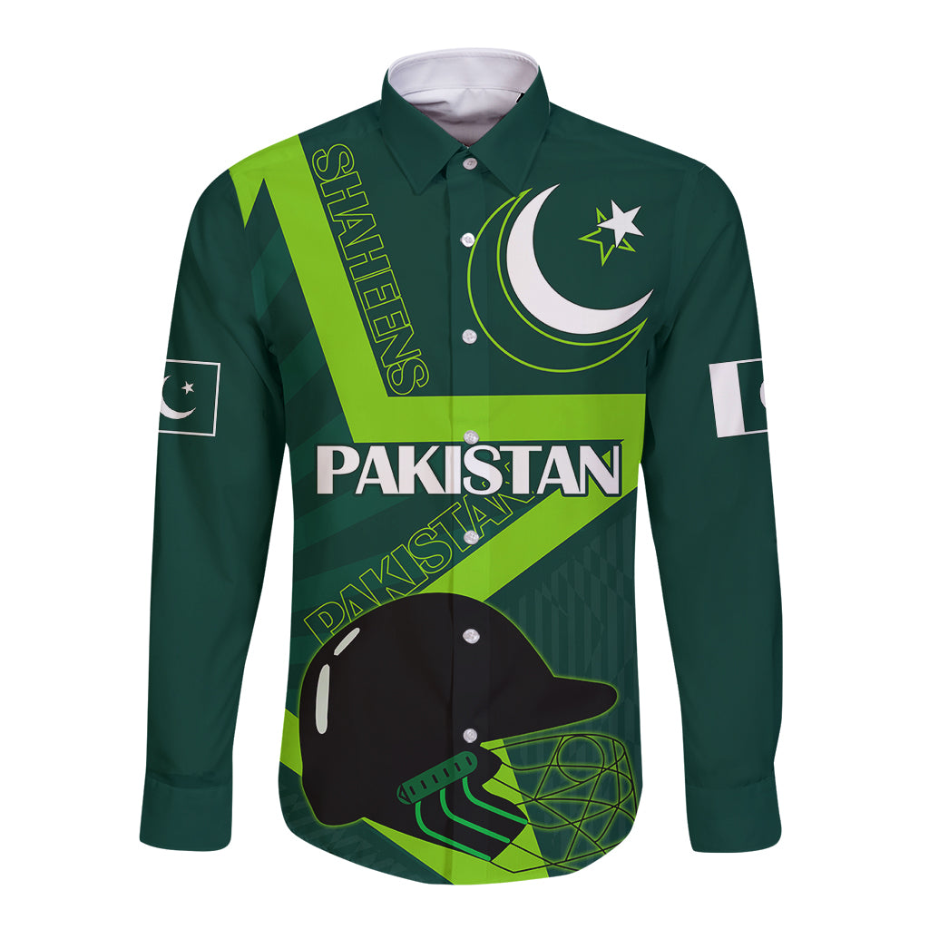 Green long-sleeve button shirt with Pakistan graphic, crescent and stars on front