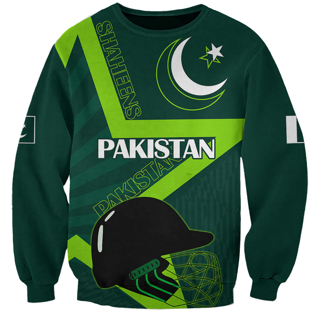 Unisex green cricket helmet sweatshirt with Pakistan text, crescent moon and star