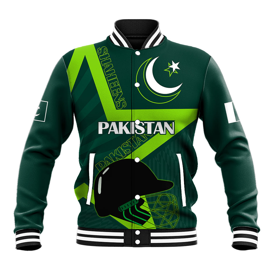 Unisex green satin baseball jacket with striped collar, Pakistan logo, crescent and star