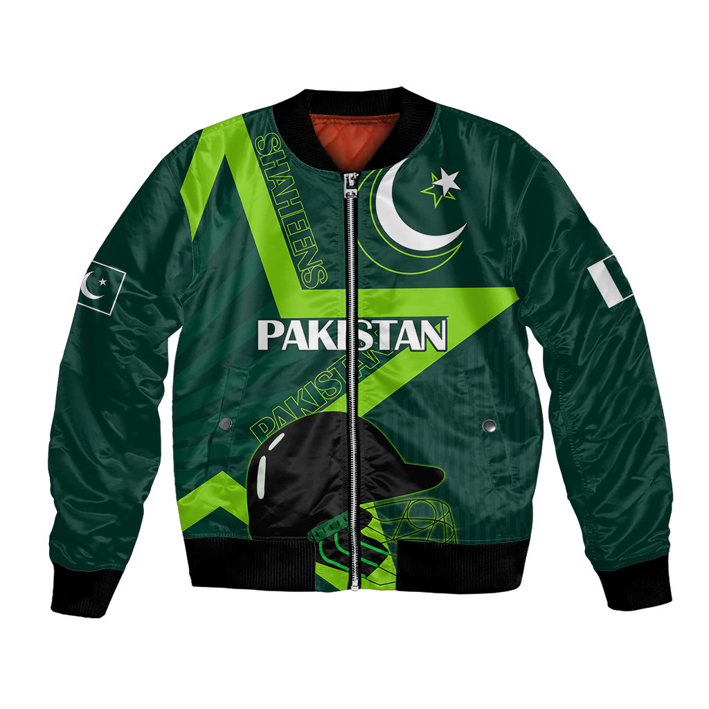 Green satin bomber jacket with full zip, Pakistan graphic, star and crescent, ribbed hem