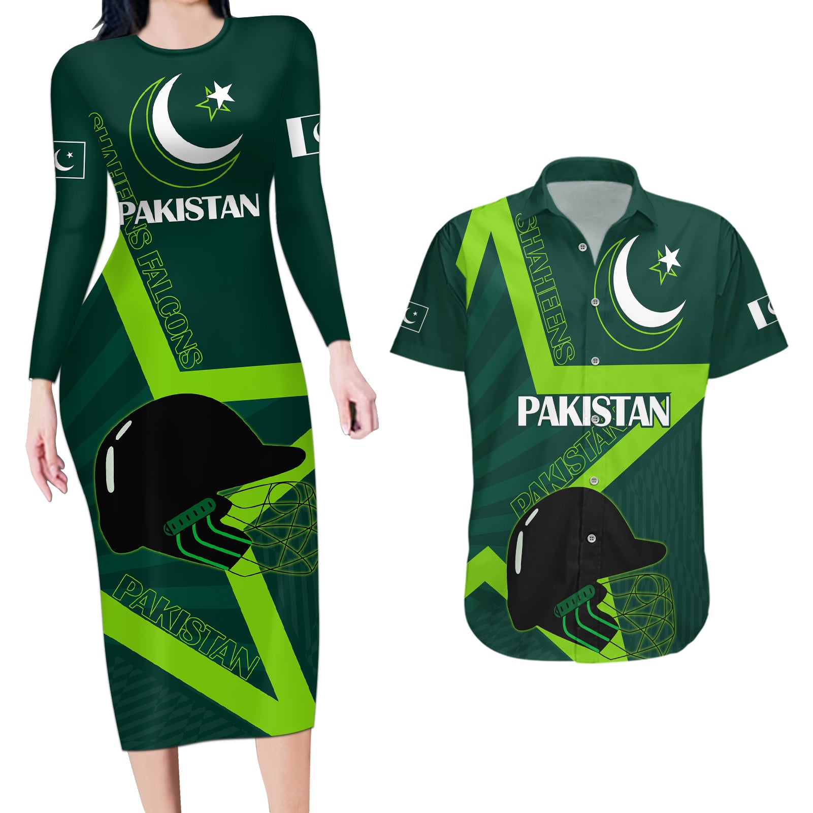 Custom Pakistan Cricket Helmet Couples Matching Long Sleeve Bodycon Dress and Hawaiian Shirt Proud Shaheen Falcon Star and Crescent LT9 - Wonder Print Shop