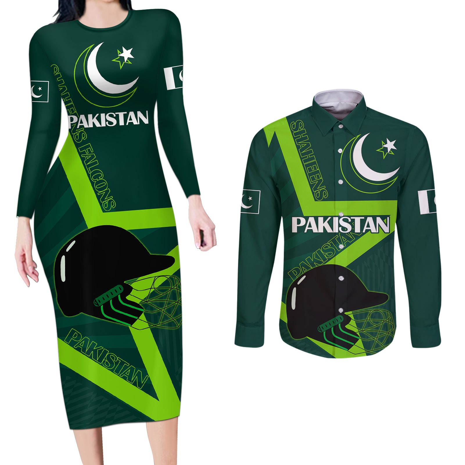 Custom Pakistan Cricket Helmet Couples Matching Long Sleeve Bodycon Dress and Long Sleeve Button Shirts Proud Shaheen Falcon Star and Crescent LT9 - Wonder Print Shop