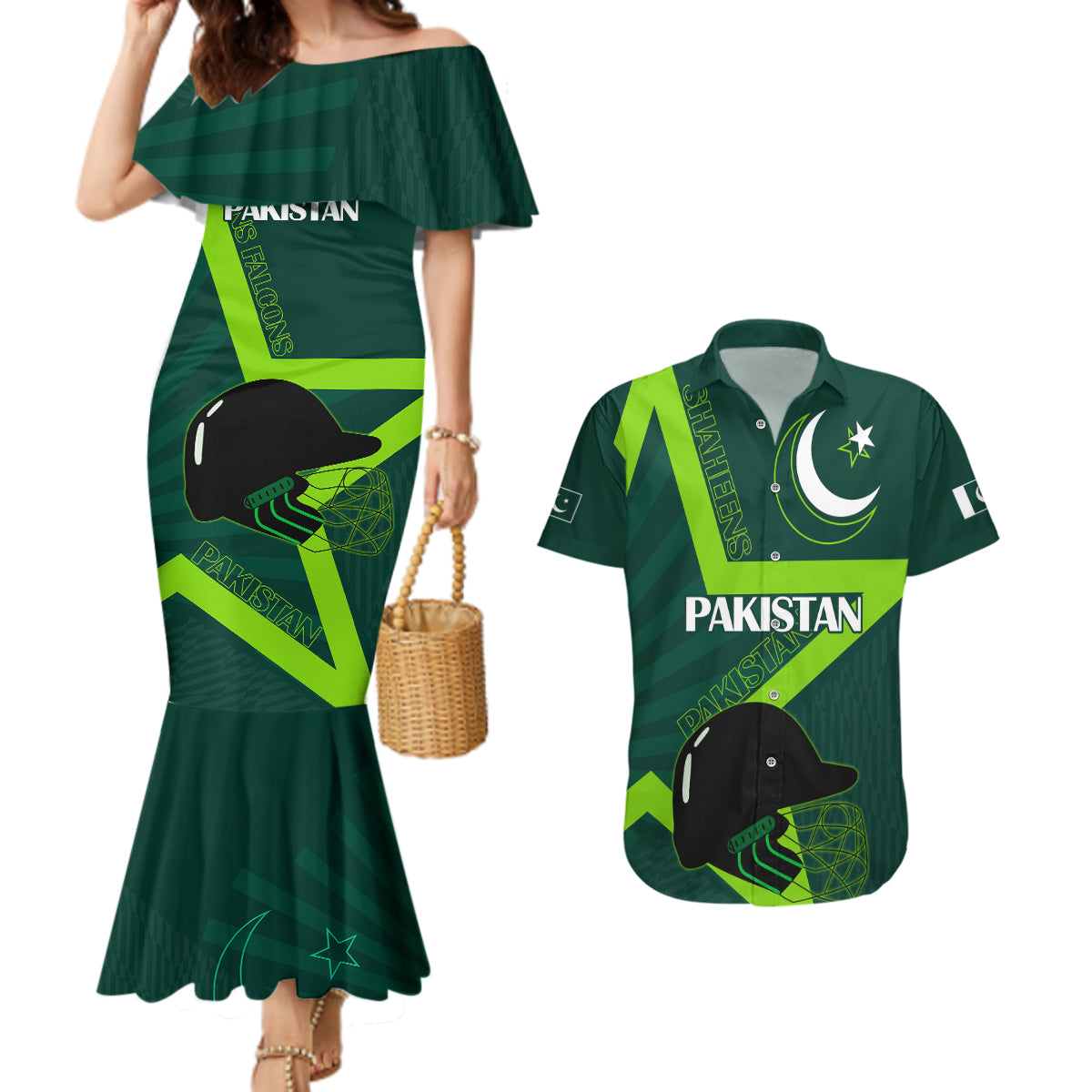 Custom Pakistan Cricket Helmet Couples Matching Mermaid Dress and Hawaiian Shirt Proud Shaheen Falcon Star and Crescent LT9 - Wonder Print Shop