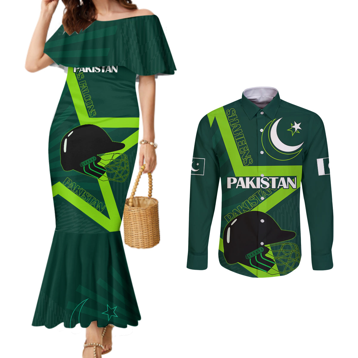 custom-pakistan-cricket-helmet-couples-matching-mermaid-dress-and-long-sleeve-button-shirts-proud-shaheen-falcon-star-and-crescent