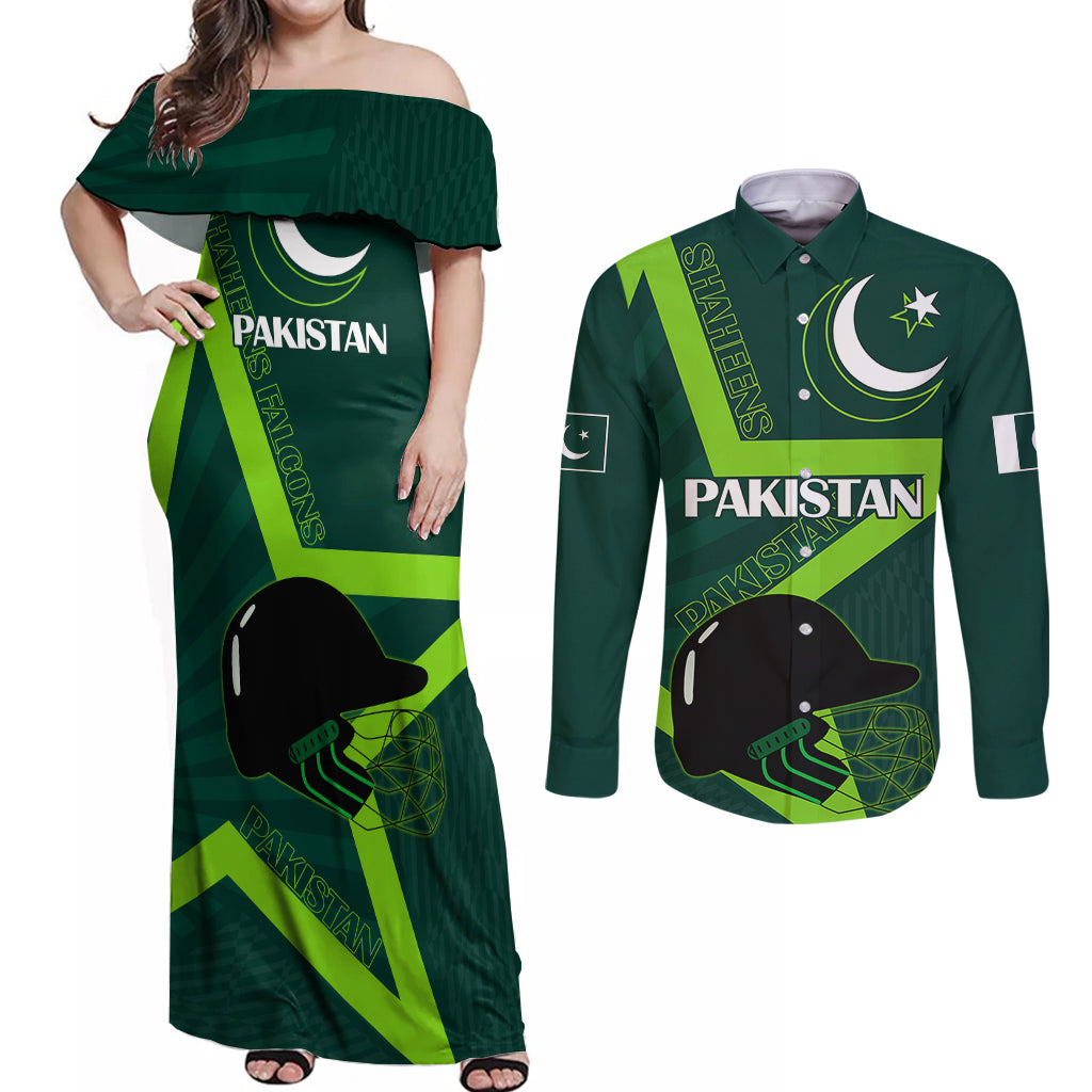 Custom Pakistan Cricket Helmet Couples Matching Off Shoulder Maxi Dress and Long Sleeve Button Shirts Proud Shaheen Falcon Star and Crescent LT9 - Wonder Print Shop