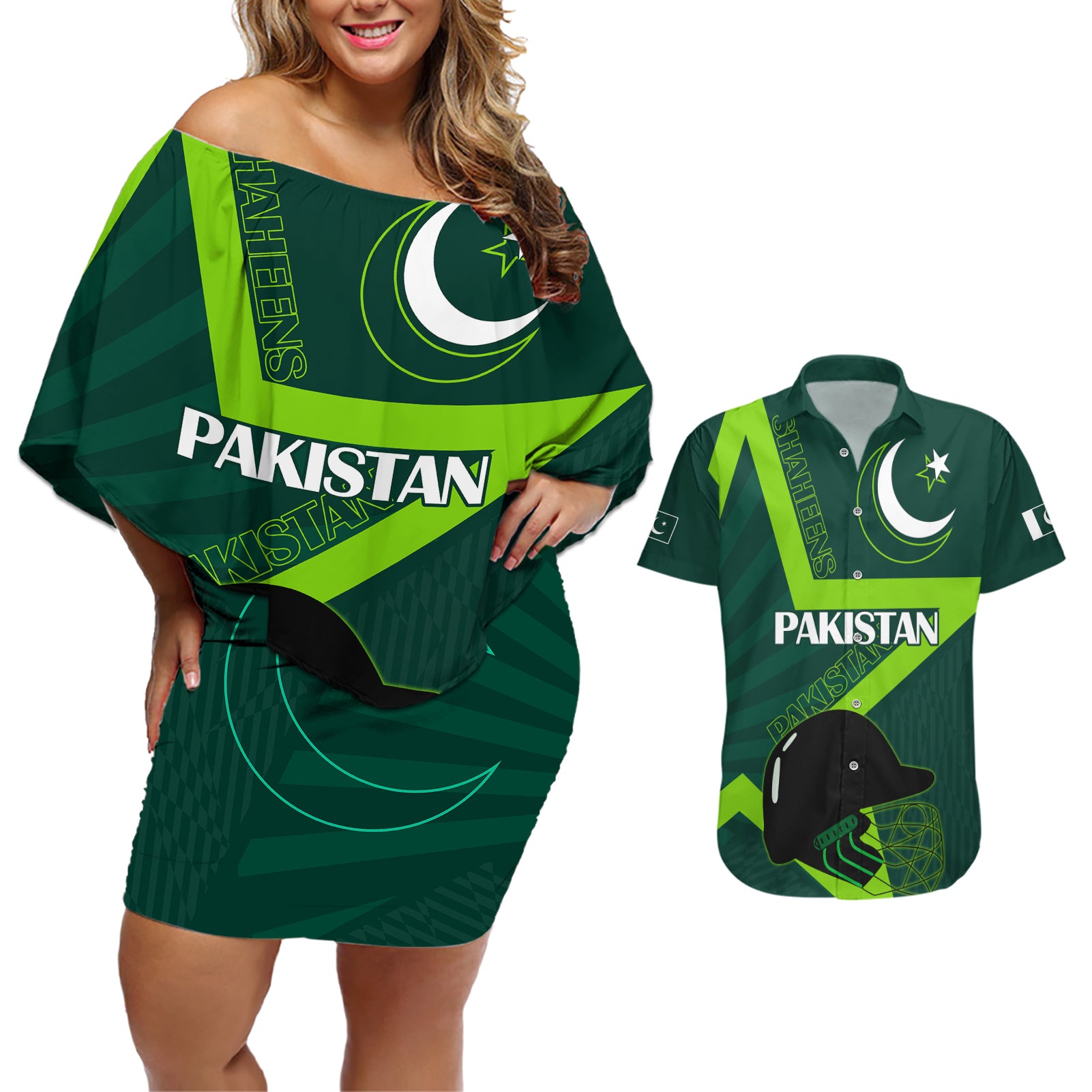 Custom Pakistan Cricket Helmet Couples Matching Off Shoulder Short Dress and Hawaiian Shirt Proud Shaheen Falcon Star and Crescent LT9 - Wonder Print Shop