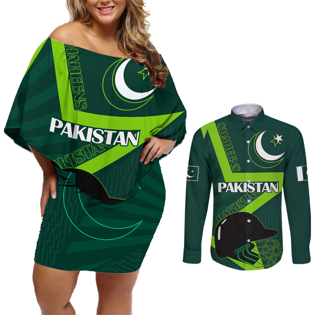 Custom Pakistan Cricket Helmet Couples Matching Off Shoulder Short Dress and Long Sleeve Button Shirts Proud Shaheen Falcon Star and Crescent LT9 - Wonder Print Shop