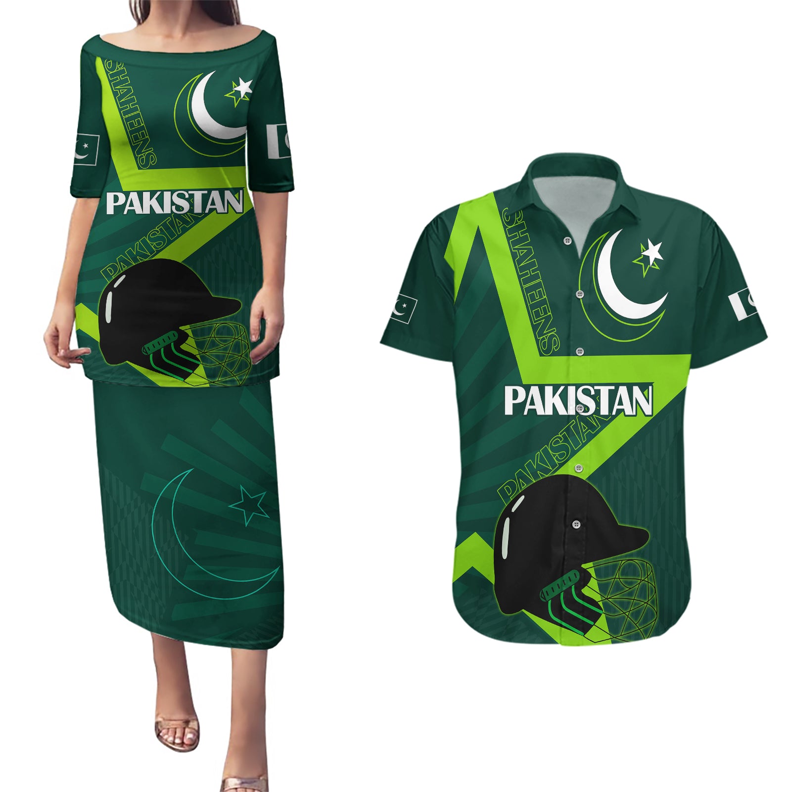 Custom Pakistan Cricket Helmet Couples Matching Puletasi Dress and Hawaiian Shirt Proud Shaheen Falcon Star and Crescent LT9 - Wonder Print Shop