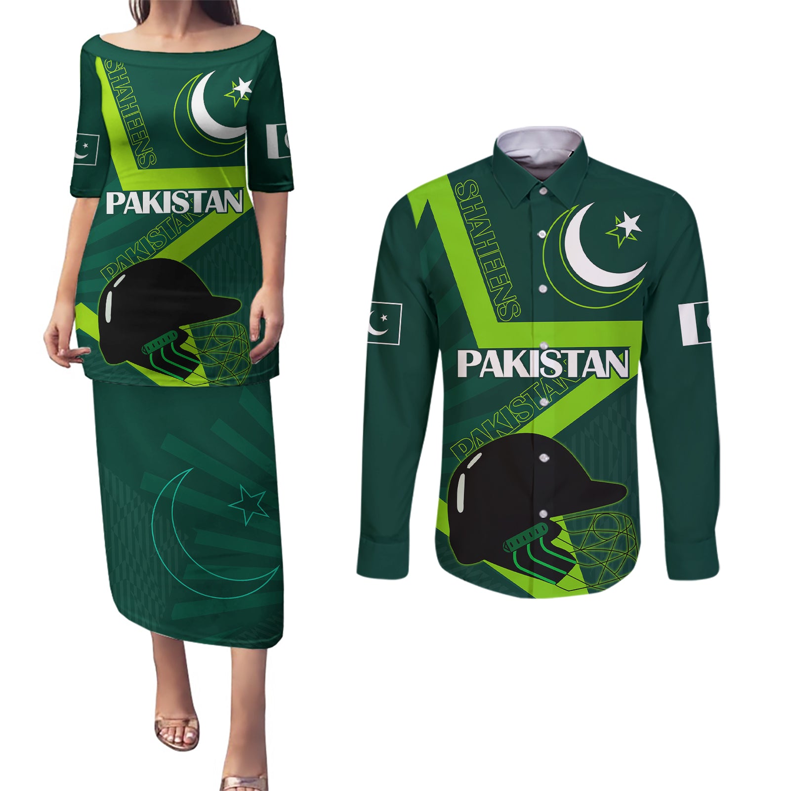 Custom Pakistan Cricket Helmet Couples Matching Puletasi Dress and Long Sleeve Button Shirts Proud Shaheen Falcon Star and Crescent LT9 - Wonder Print Shop