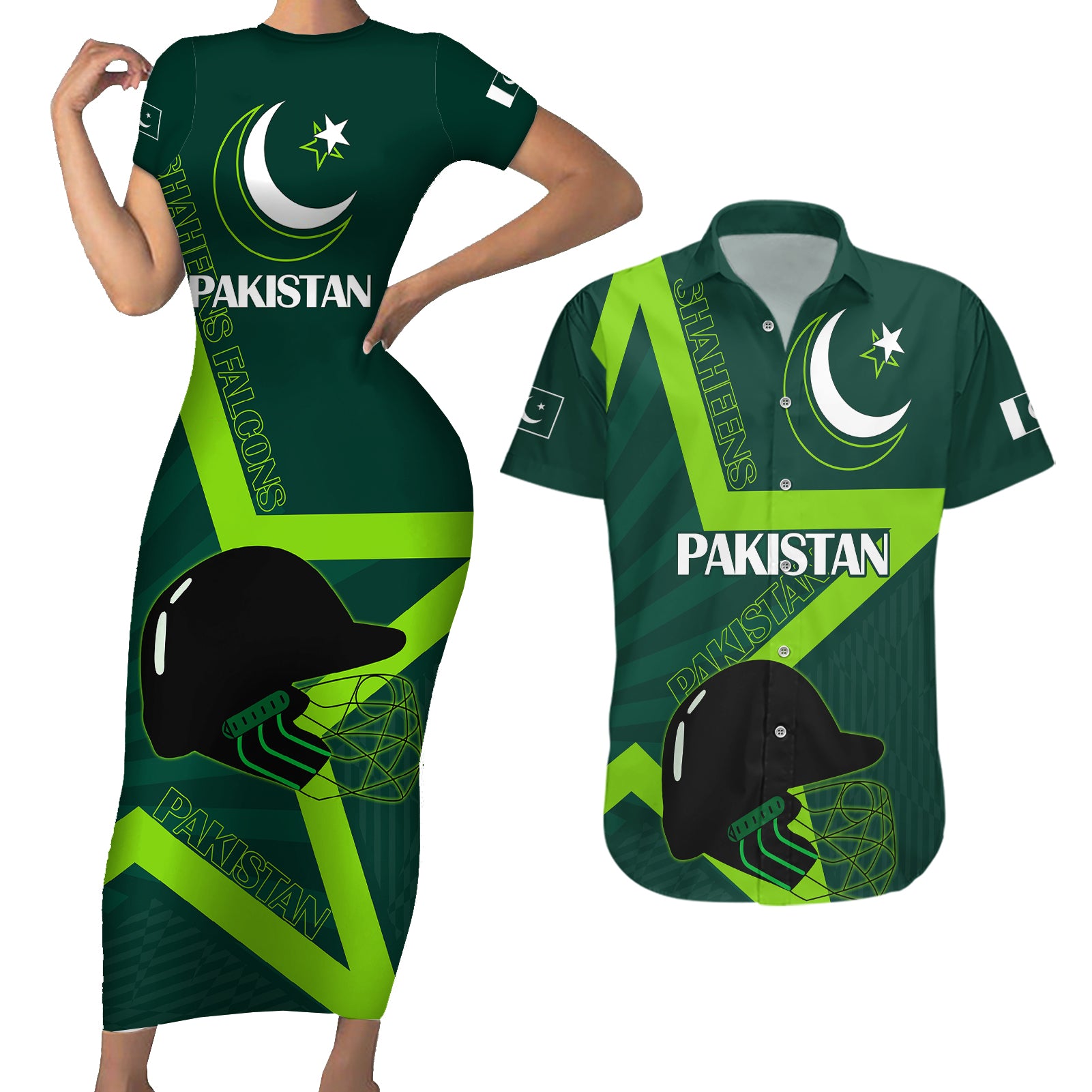 Custom Pakistan Cricket Helmet Couples Matching Short Sleeve Bodycon Dress and Hawaiian Shirt Proud Shaheen Falcon Star and Crescent LT9 - Wonder Print Shop