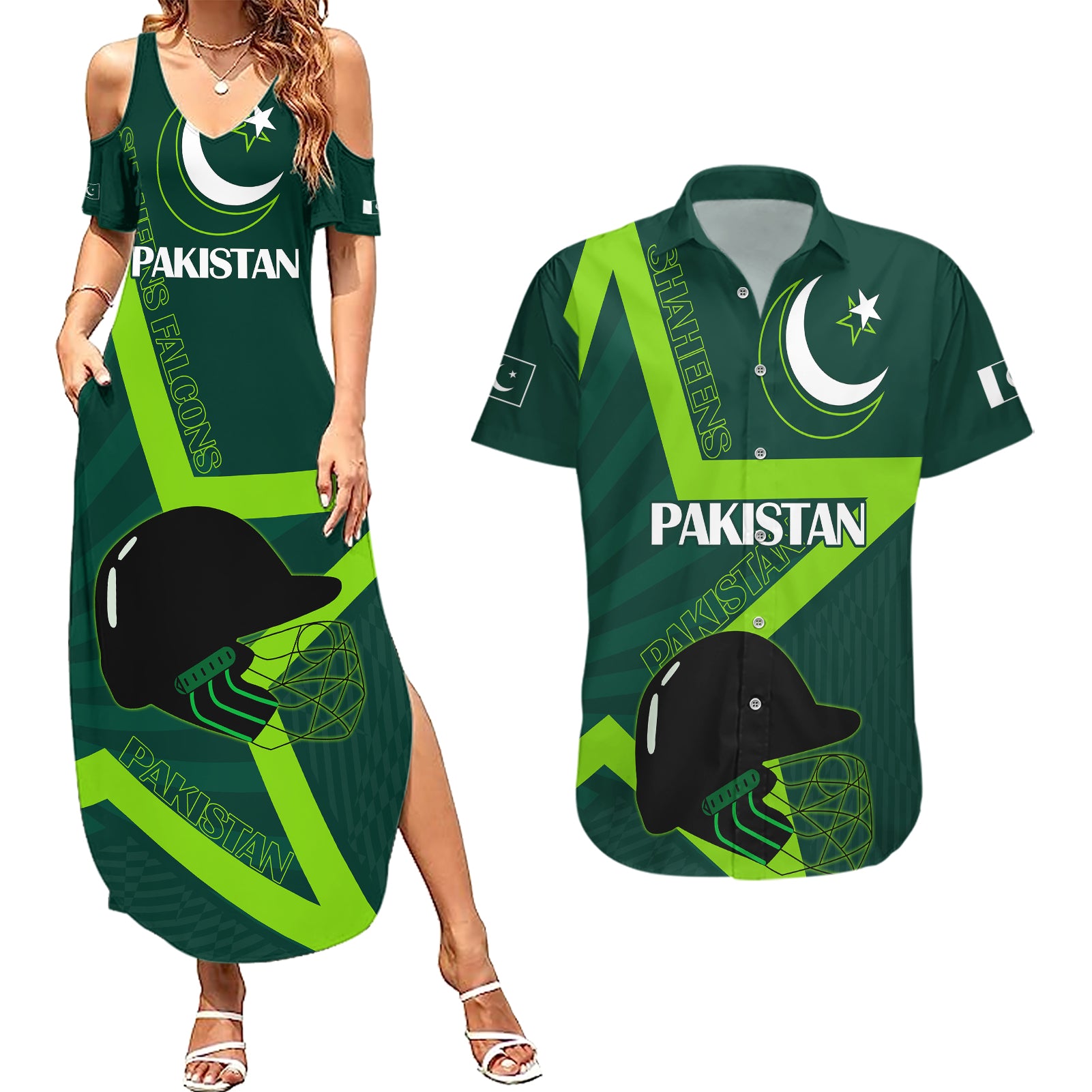 Custom Pakistan Cricket Helmet Couples Matching Summer Maxi Dress and Hawaiian Shirt Proud Shaheen Falcon Star and Crescent LT9 - Wonder Print Shop