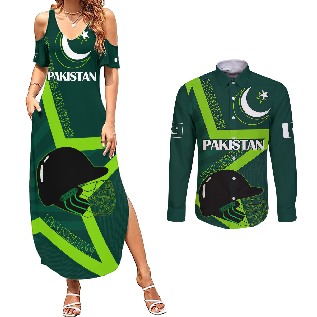 Custom Pakistan Cricket Helmet Couples Matching Summer Maxi Dress and Long Sleeve Button Shirts Proud Shaheen Falcon Star and Crescent LT9 - Wonder Print Shop