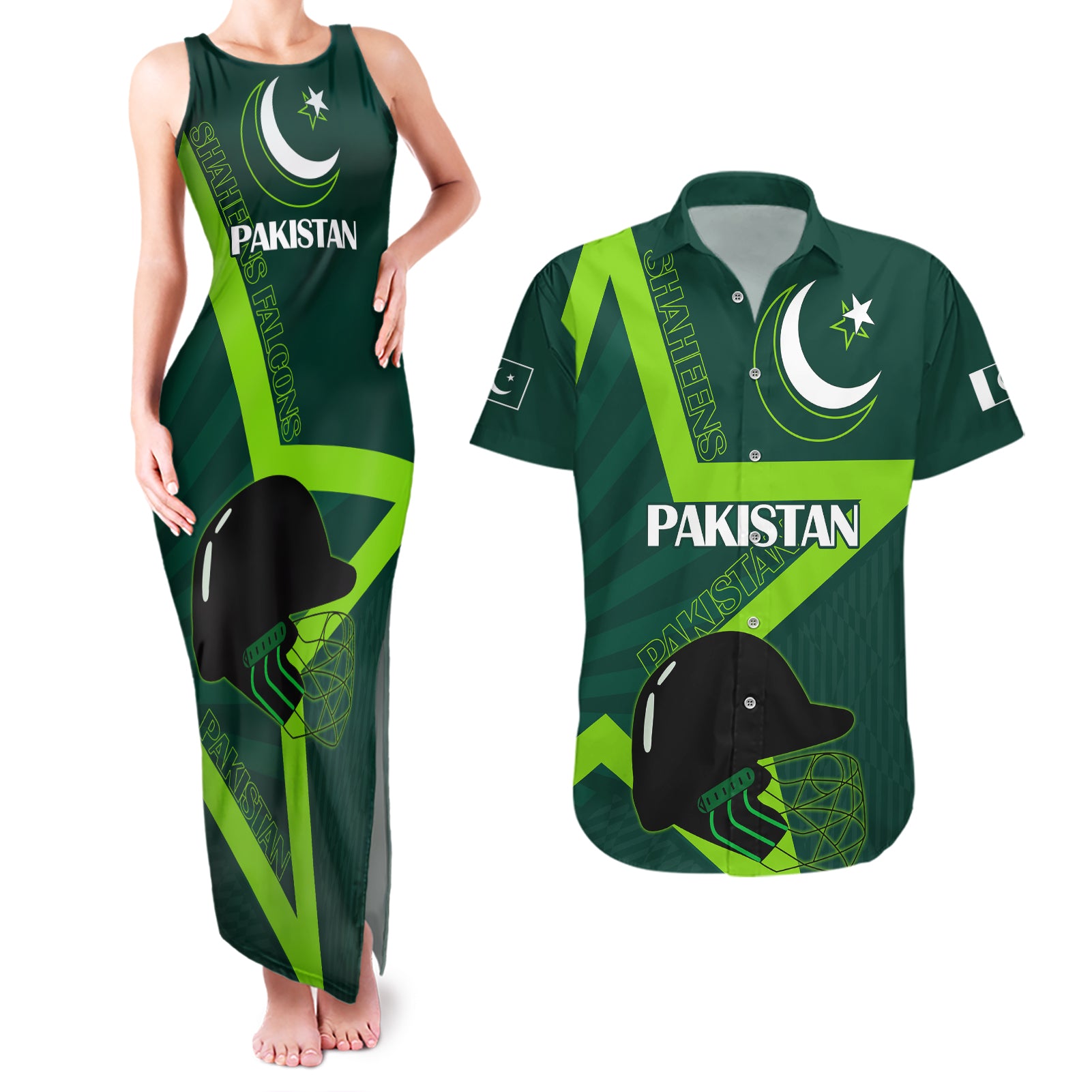 Custom Pakistan Cricket Helmet Couples Matching Tank Maxi Dress and Hawaiian Shirt Proud Shaheen Falcon Star and Crescent LT9 - Wonder Print Shop