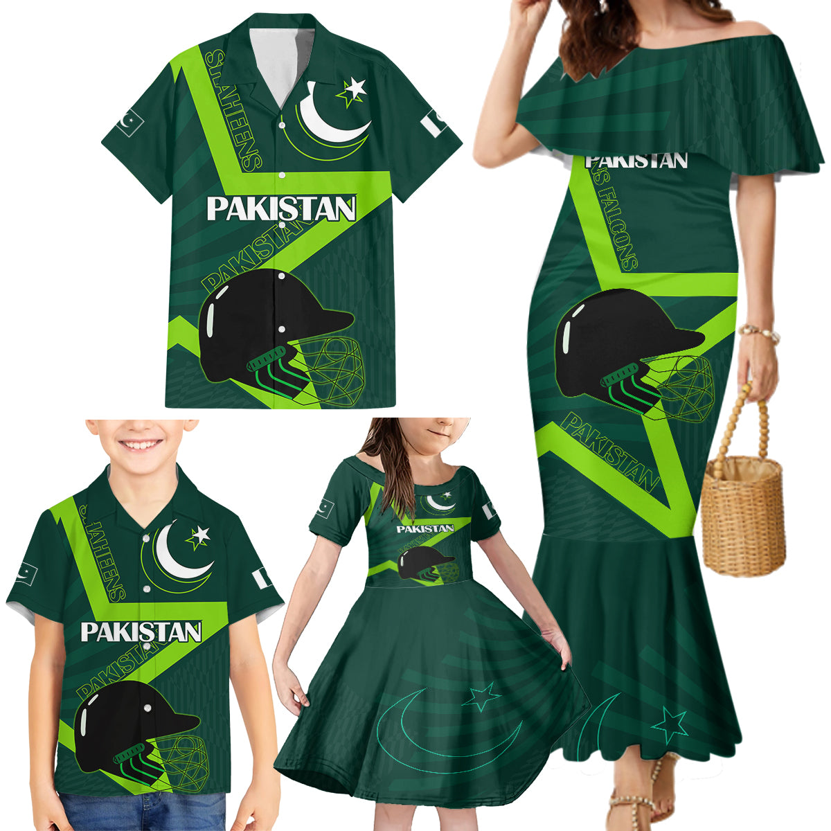 Custom Pakistan Cricket Helmet Family Matching Mermaid Dress and Hawaiian Shirt Proud Shaheen Falcon Star and Crescent LT9 - Wonder Print Shop