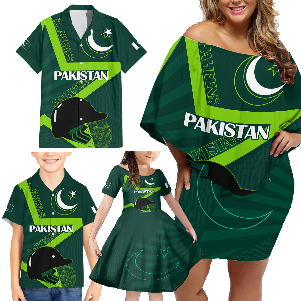 Custom Pakistan Cricket Helmet Family Matching Off Shoulder Short Dress and Hawaiian Shirt Proud Shaheen Falcon Star and Crescent LT9 - Wonder Print Shop