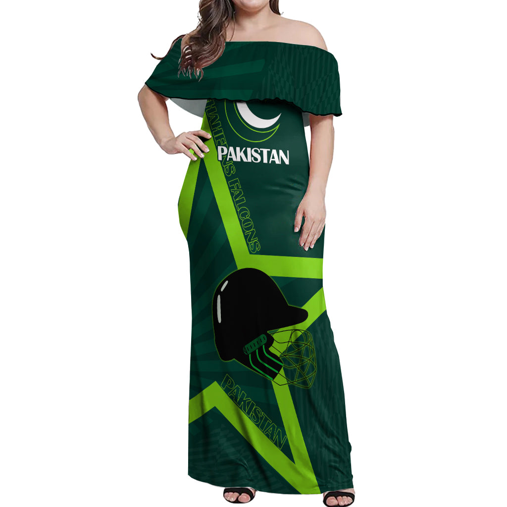 Custom Pakistan Cricket Helmet Off Shoulder Maxi Dress Proud Shaheen Falcon Star and Crescent - Wonder Print Shop