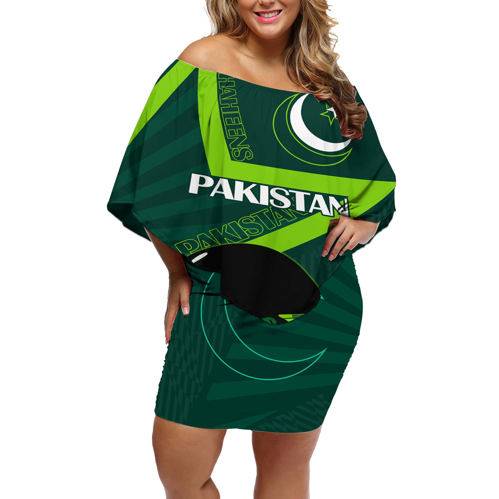 Custom Pakistan Cricket Helmet Off Shoulder Short Dress Proud Shaheen Falcon Star and Crescent - Wonder Print Shop