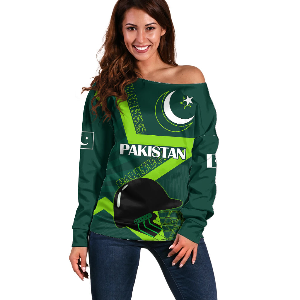 Custom Pakistan Cricket Helmet Off Shoulder Sweater Proud Shaheen Falcon Star and Crescent - Wonder Print Shop